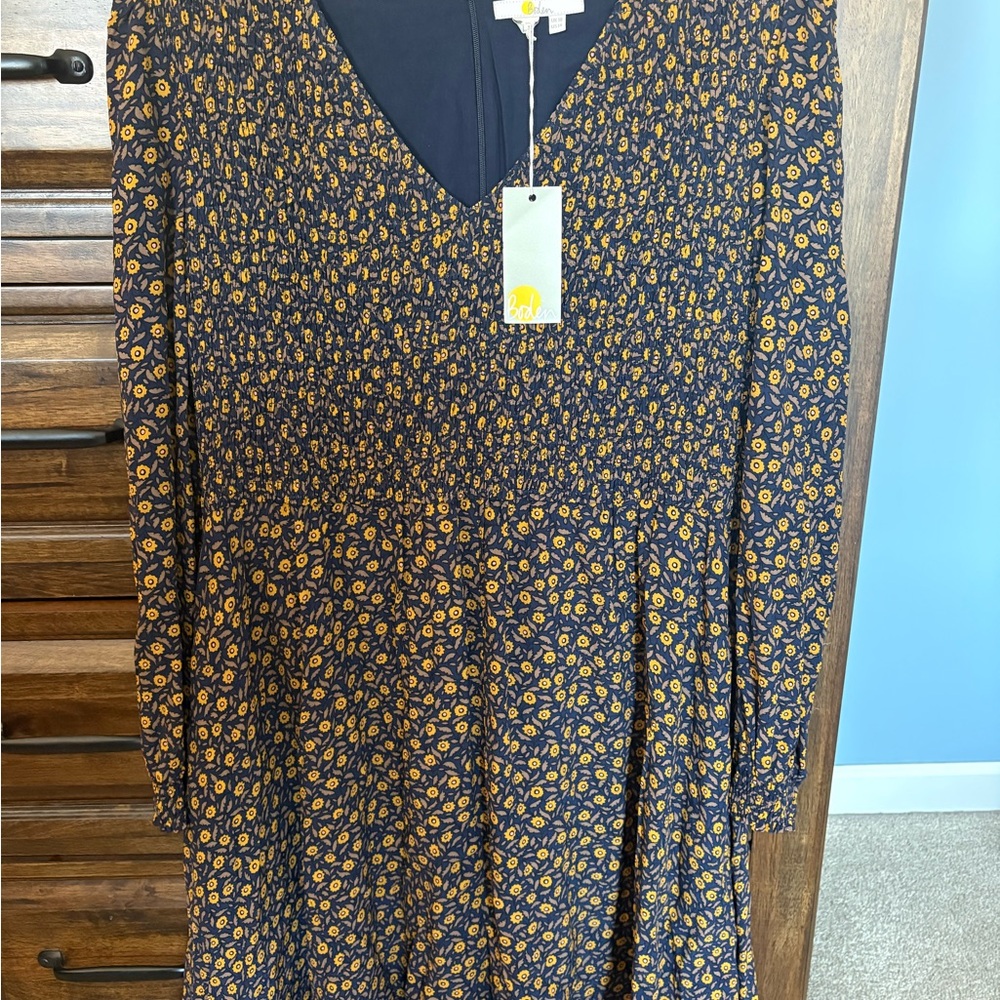 Boden Navy and Yellow Floral Long Sleeve Dress
